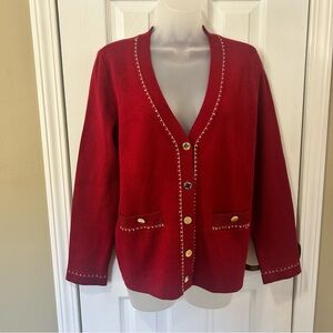 Anne Klein Red Knit Cardigan Embroidered Gold Detail Buttons Pockets Medium NWT